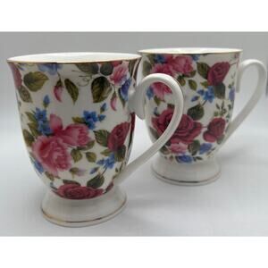 Lot Set of 2 Grace's Teaware Floral Coffee Cup Mug Pink/Blue Flowers Footed Base